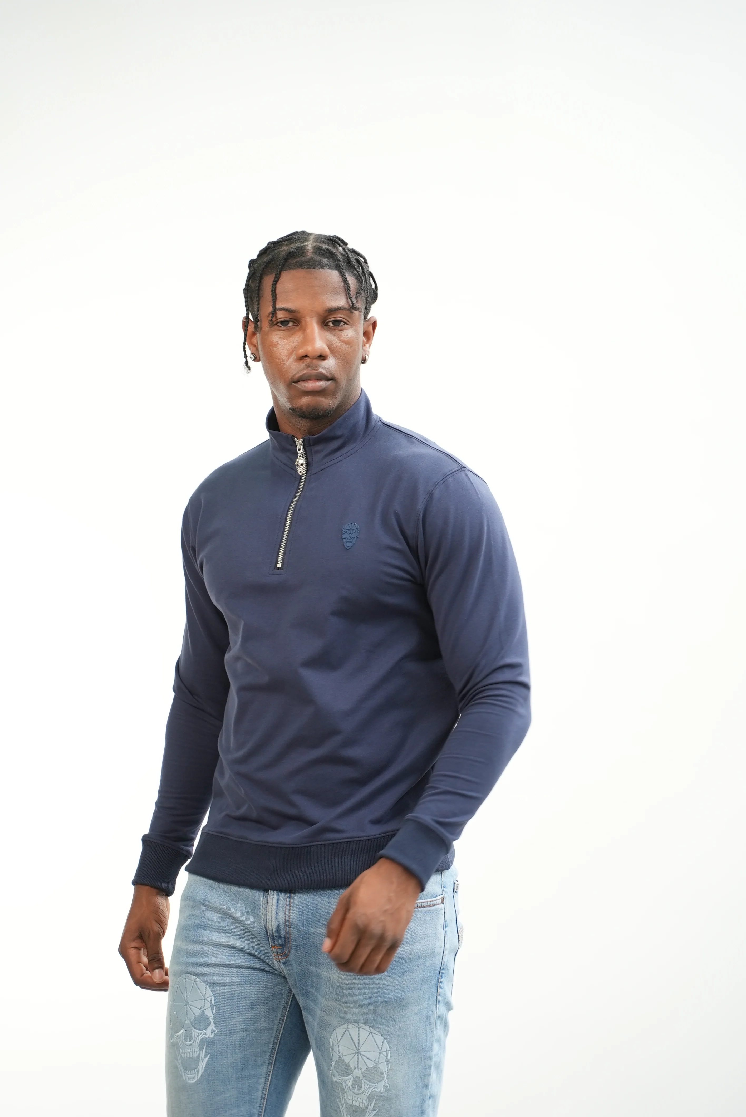 Men's Skull Badge Half Zip Navy - Image 10