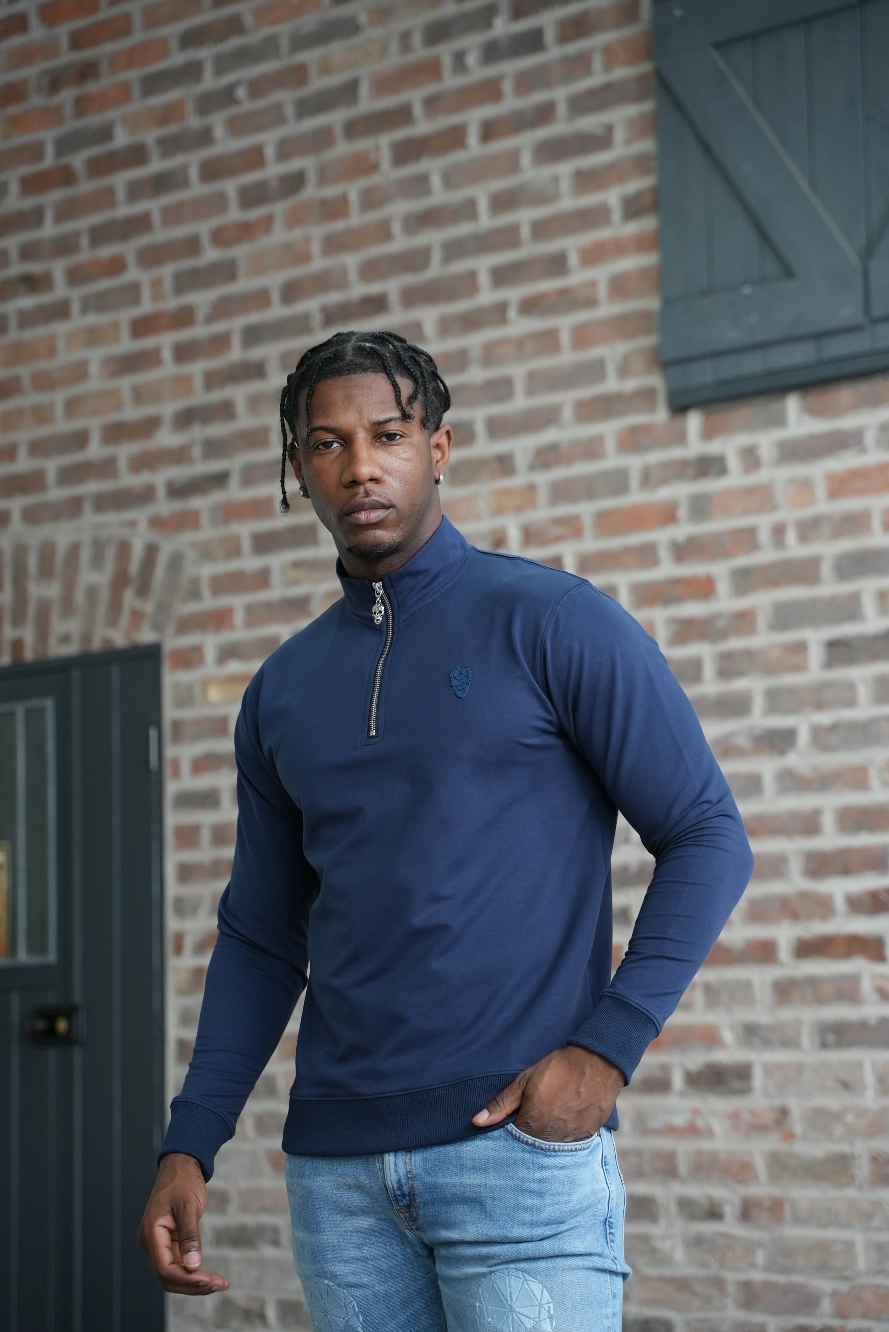 Men's Skull Badge Half Zip Navy - Image 3