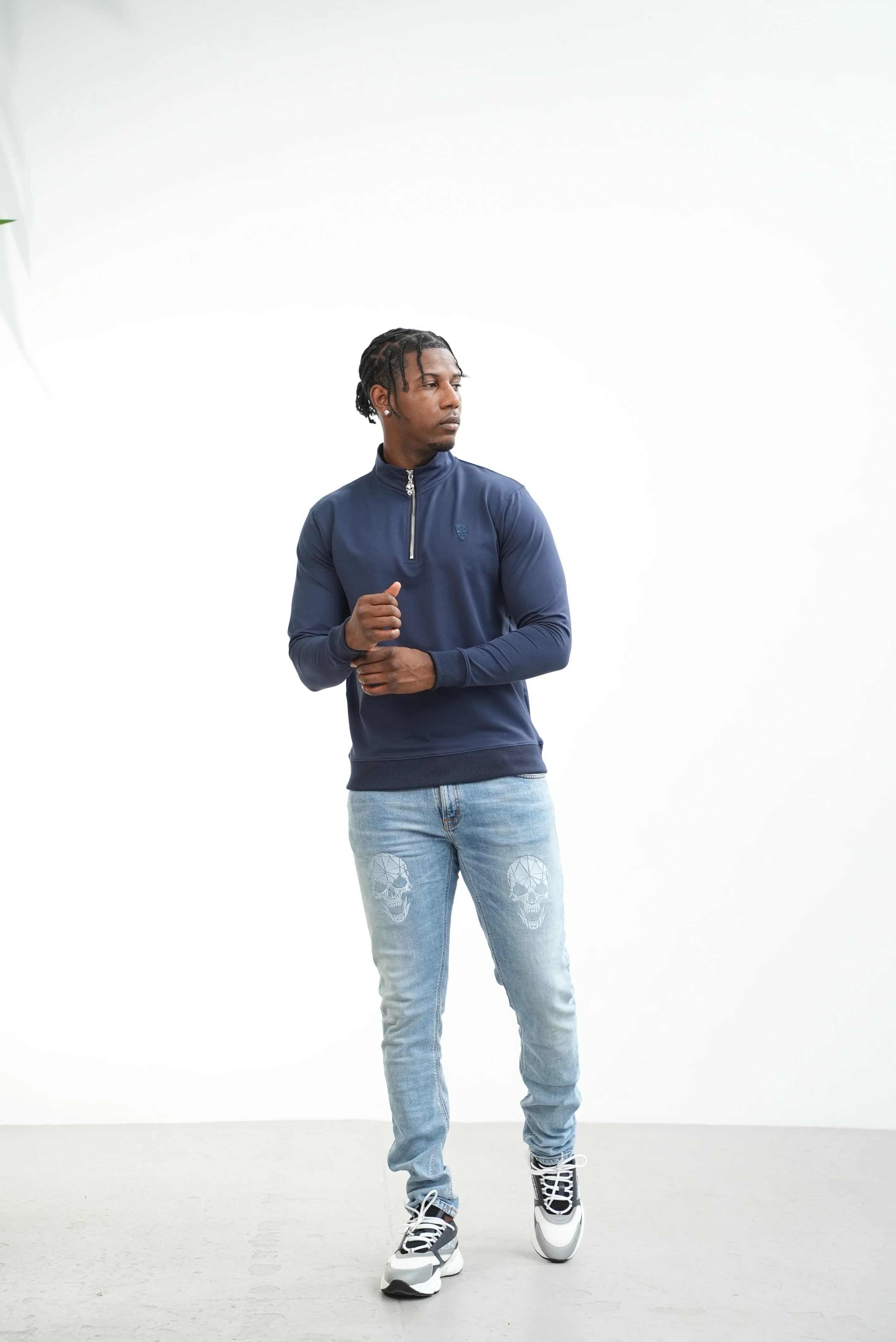 Men's Skull Badge Half Zip Navy - Image 7