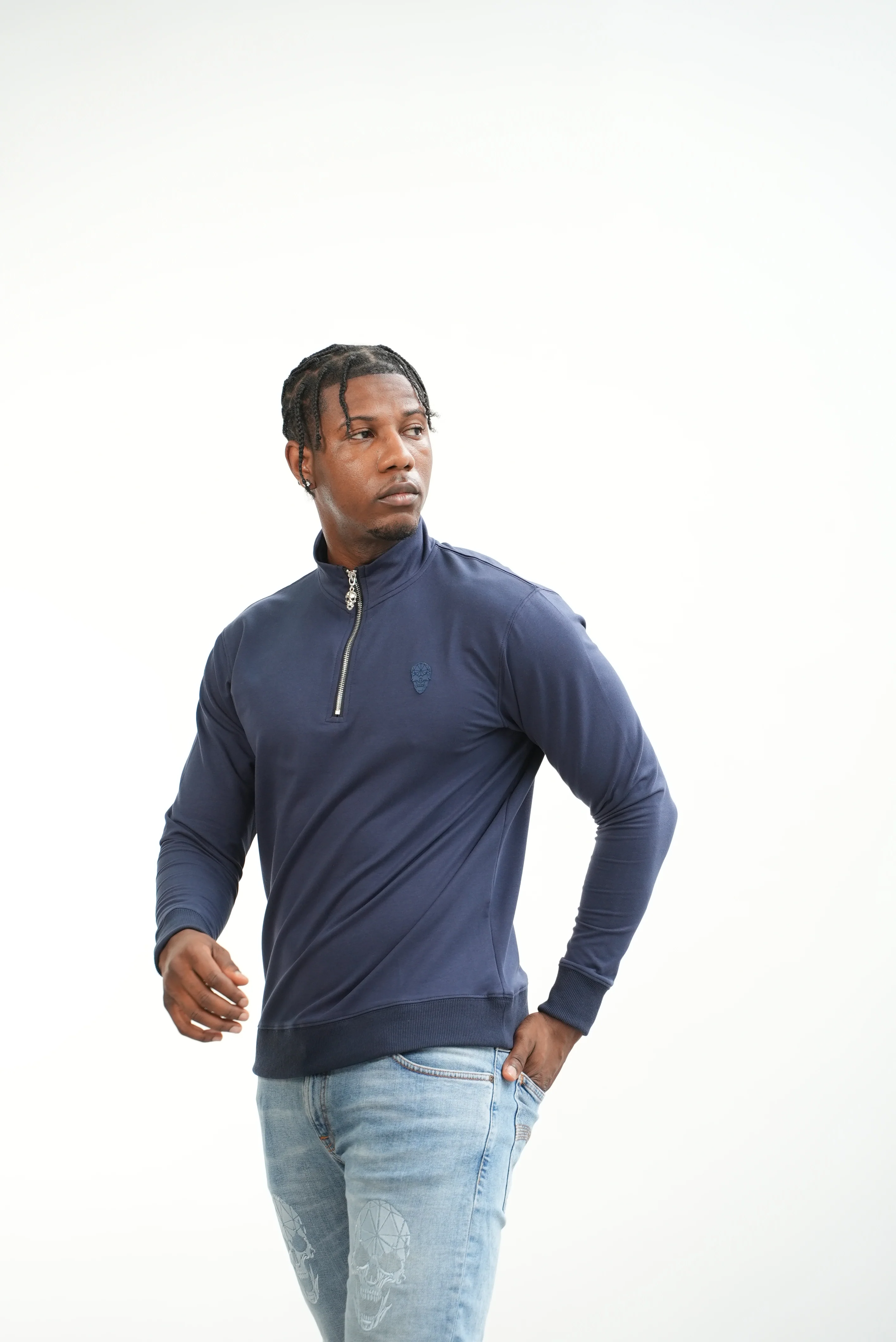 Men's Skull Badge Half Zip Navy - Image 9