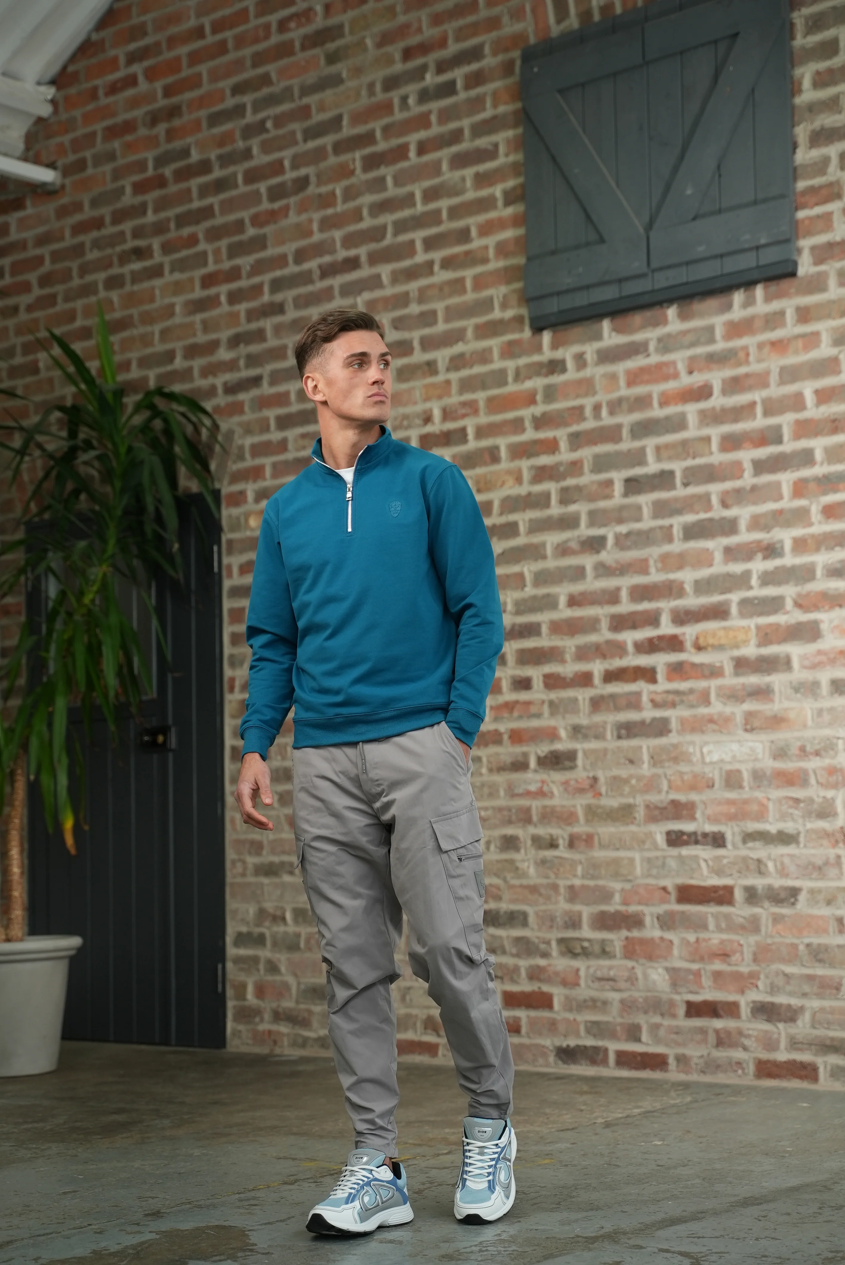 Men's Skull Badge Half Zip Teal - Image 3