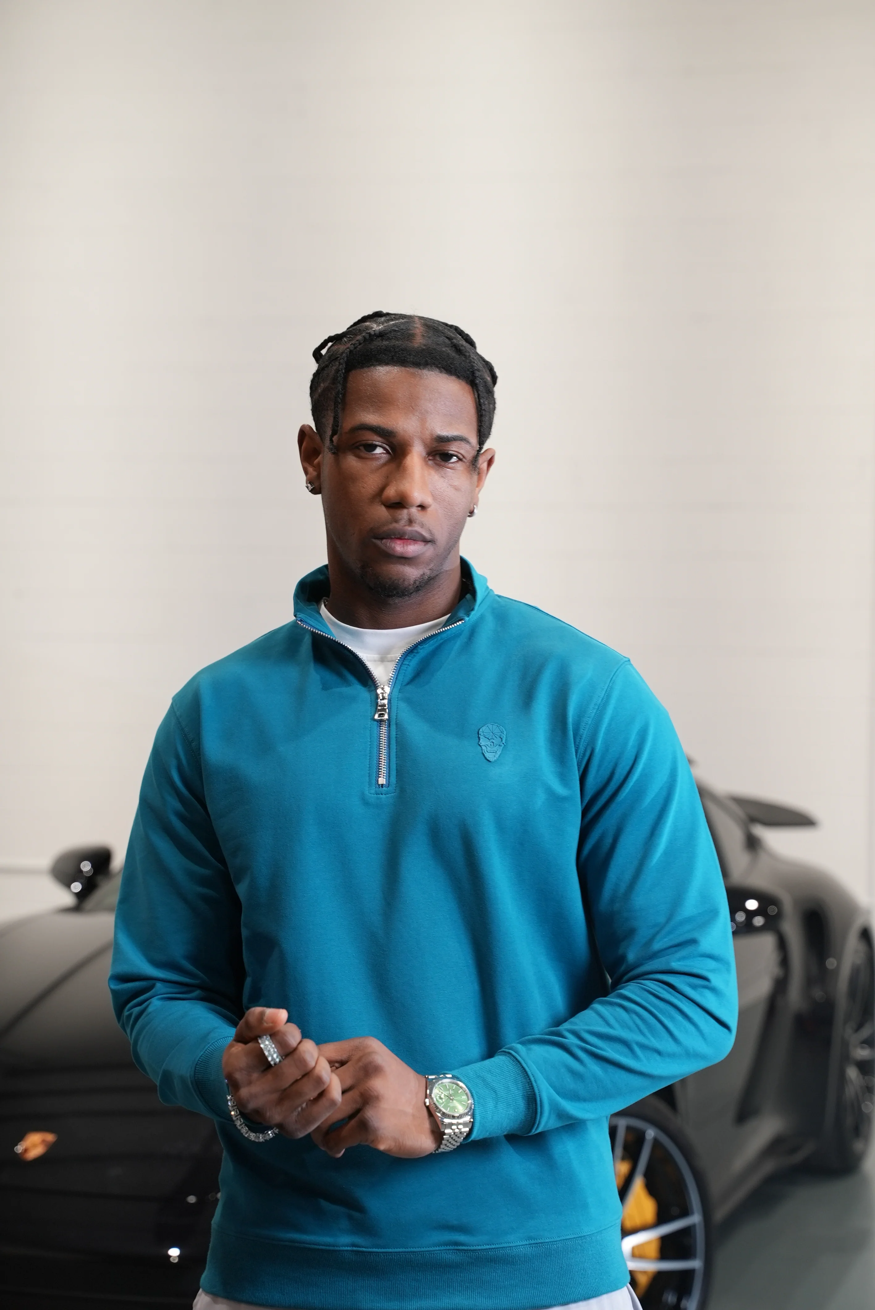 Men's Skull Badge Half Zip Teal - Image 7